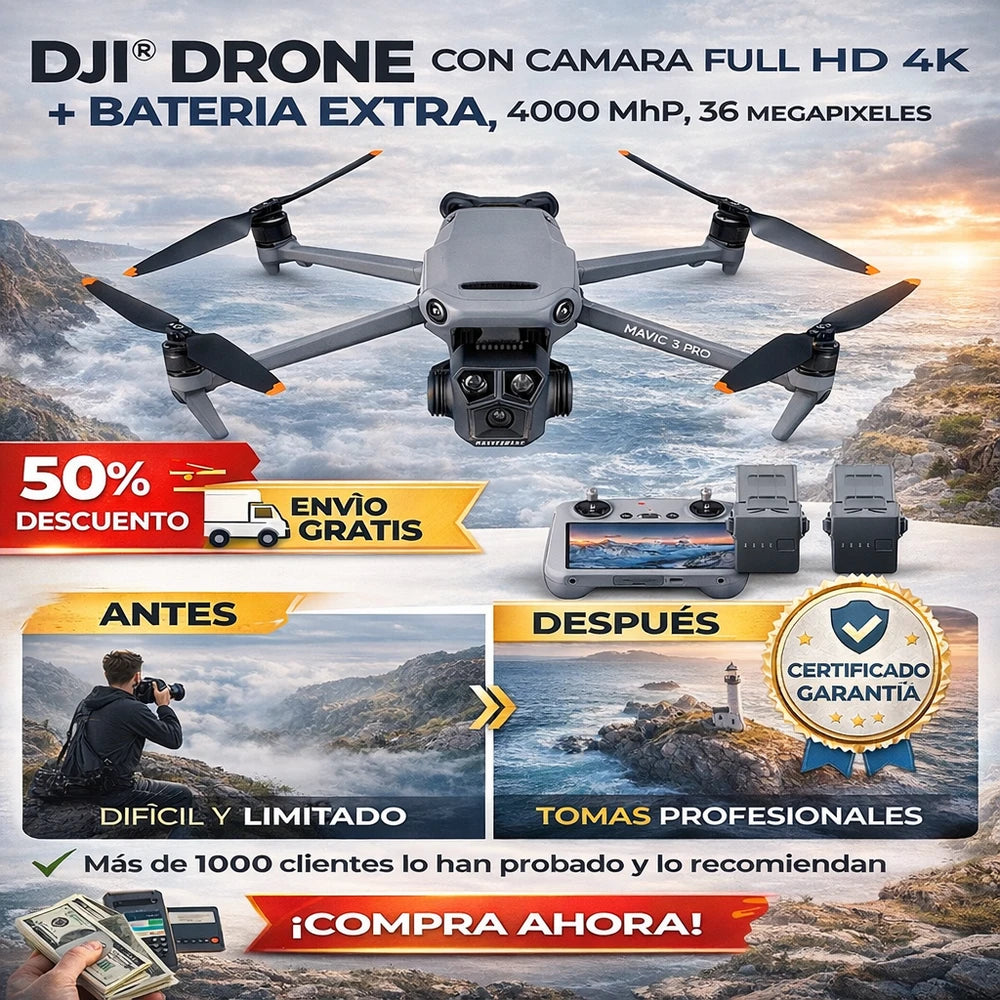 DJI® Drone con Camara Full Hd 4k + BATERIA EXTRA, 4000 MhP, 36 megapixeles. Vuela hasta 550 mt de altura consigue tomas profesionales sin pagar de más