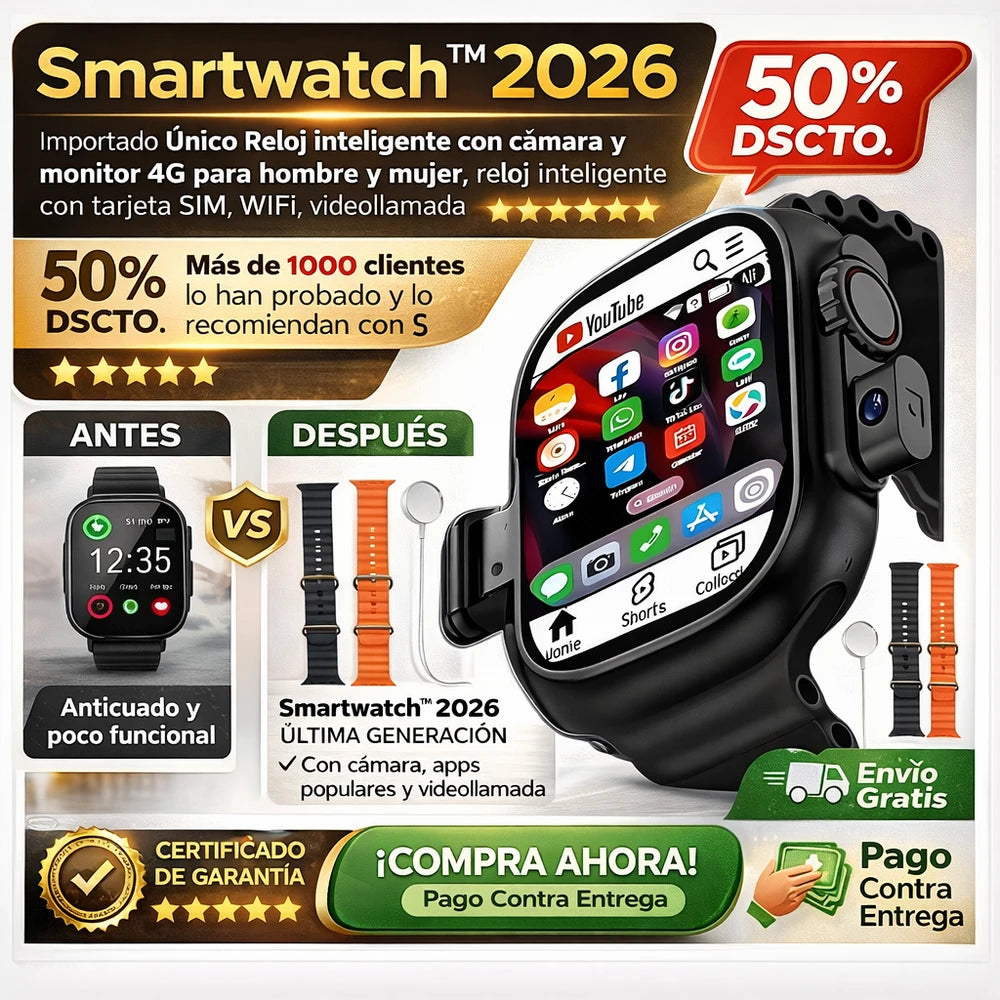 Smartwatch™️ 2026 importado Unico Reloj inteligente con cámara y monitor 4G para hombre y mujer, reloj inteligente con tarjeta SIM, WIFI, videollamada INCLUYE CORREAS PARA CAMBIO