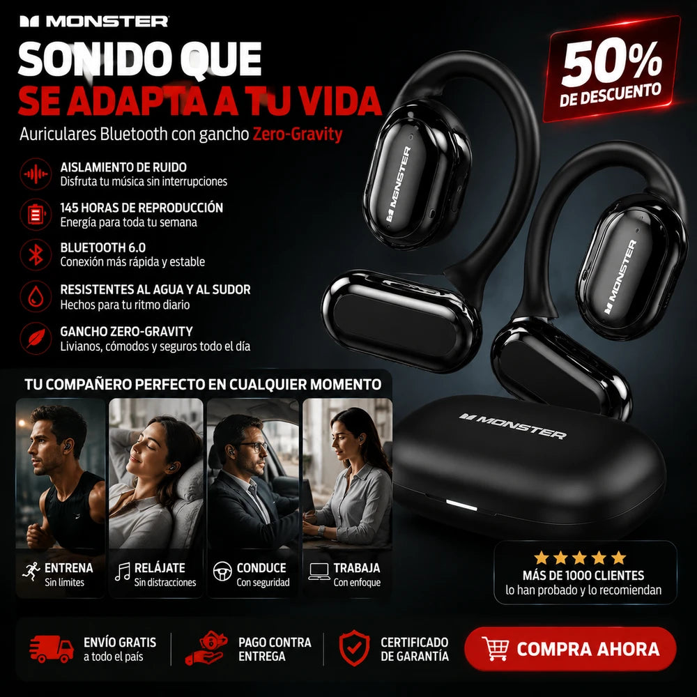 Auriculares Monster Ear Buds: con Bluetooth y diseño de gancho para la oreja de titanio Zero-Gravity, aislamiento de ruido, 145 horas de reproducción, auriculares inalámbricos Bluetooth 6.0, resistentes al agua y al sudor, ideales para viajes.