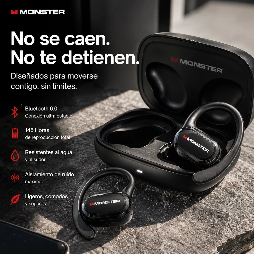 Auriculares Monster Ear Buds: con Bluetooth y diseño de gancho para la oreja de titanio Zero-Gravity, aislamiento de ruido, 145 horas de reproducción, auriculares inalámbricos Bluetooth 6.0, resistentes al agua y al sudor, ideales para viajes.
