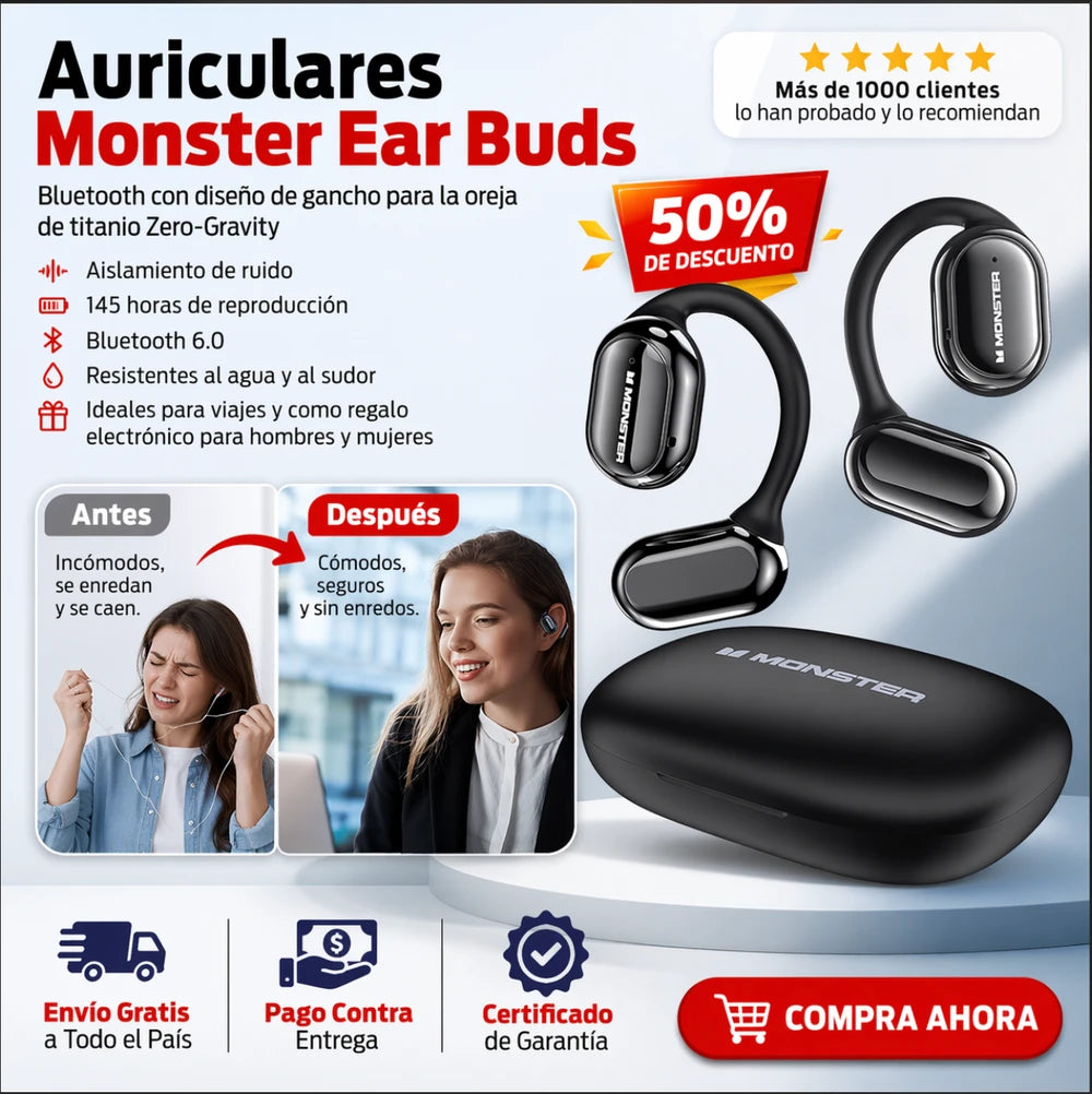 Auriculares Monster Ear Buds: con Bluetooth y diseño de gancho para la oreja de titanio Zero-Gravity, aislamiento de ruido, 145 horas de reproducción, auriculares inalámbricos Bluetooth 6.0, resistentes al agua y al sudor, ideales para viajes.