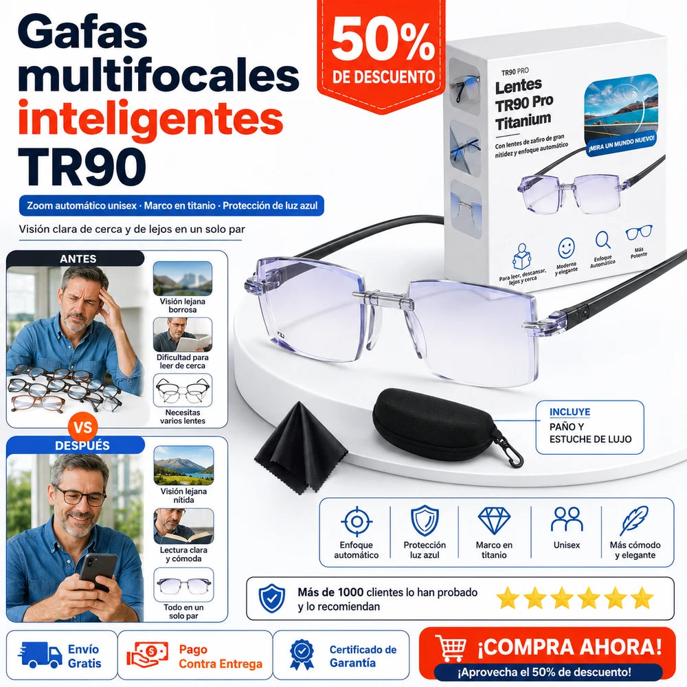 Gafas multifocales inteligentes Tr90 con zoom automático unisex, marco en titanio protección de luz azul y efecto monocromático – INCLUYE PAÑO Y ESTUCHE DE LUJO