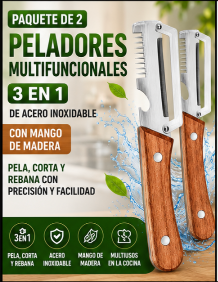Paquete de 2 peladores multifuncionales de verduras, 3 en 1 de acero inoxidable con mango de madera, pelador de juliana y abridor de botellas, peladores de verduras de cocina para papas, zanahorias, lechuga, tomate, batabia, pepino - PELA, CORTA Y REBANA