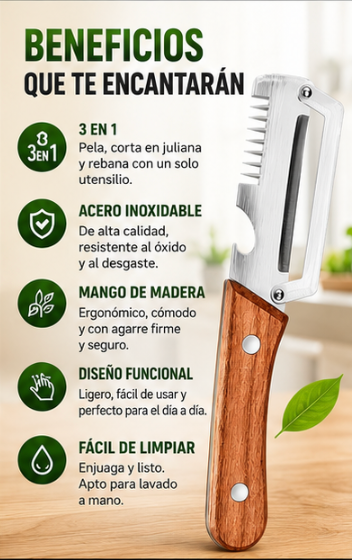 Paquete de 2 peladores multifuncionales de verduras, 3 en 1 de acero inoxidable con mango de madera, pelador de juliana y abridor de botellas, peladores de verduras de cocina para papas, zanahorias, lechuga, tomate, batabia, pepino - PELA, CORTA Y REBANA
