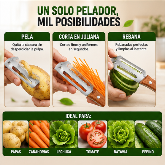 Paquete de 2 peladores multifuncionales de verduras, 3 en 1 de acero inoxidable con mango de madera, pelador de juliana y abridor de botellas, peladores de verduras de cocina para papas, zanahorias, lechuga, tomate, batabia, pepino - PELA, CORTA Y REBANA