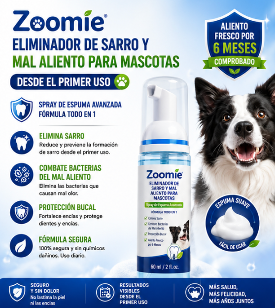 Zoomie Eliminador de sarro y mal aliento para mascotas desde el primer, spray de espuma avanzada, formula todo en 1, elimina sarro, combate bacteria del mal aliento y proteccion bucal para aliento fresco por 6 meses