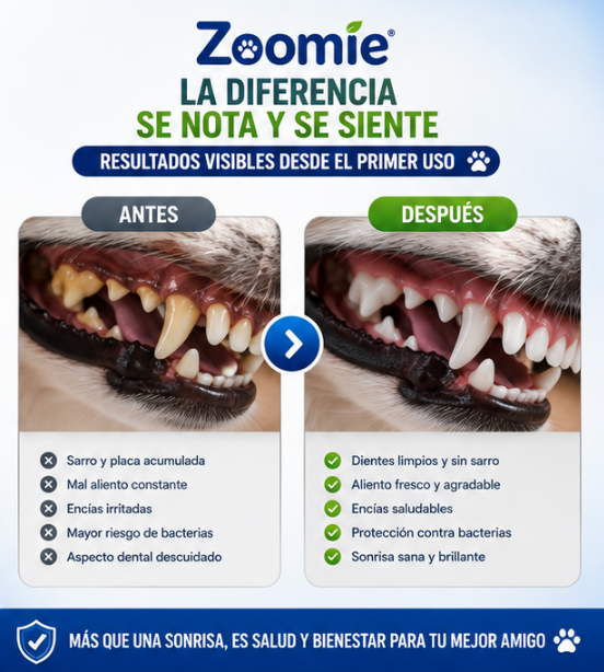 Zoomie Eliminador de sarro y mal aliento para mascotas desde el primer, spray de espuma avanzada, formula todo en 1, elimina sarro, combate bacteria del mal aliento y proteccion bucal para aliento fresco por 6 meses