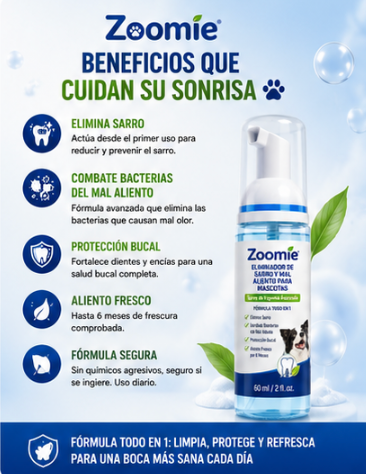 Zoomie Eliminador de sarro y mal aliento para mascotas desde el primer, spray de espuma avanzada, formula todo en 1, elimina sarro, combate bacteria del mal aliento y proteccion bucal para aliento fresco por 6 meses
