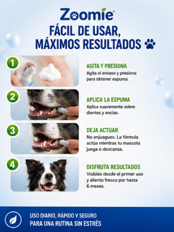 Zoomie Eliminador de sarro y mal aliento para mascotas desde el primer, spray de espuma avanzada, formula todo en 1, elimina sarro, combate bacteria del mal aliento y proteccion bucal para aliento fresco por 6 meses