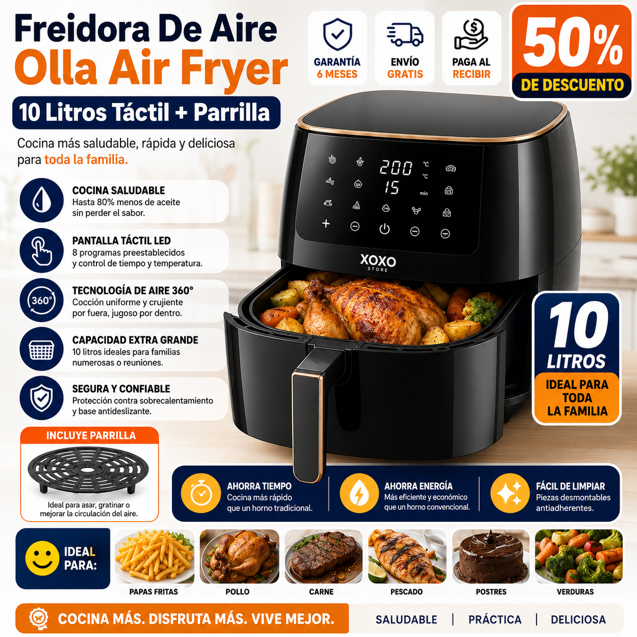 Freidora De Aire Olla Air Fryer 10 Litros Táctil + Parrilla
