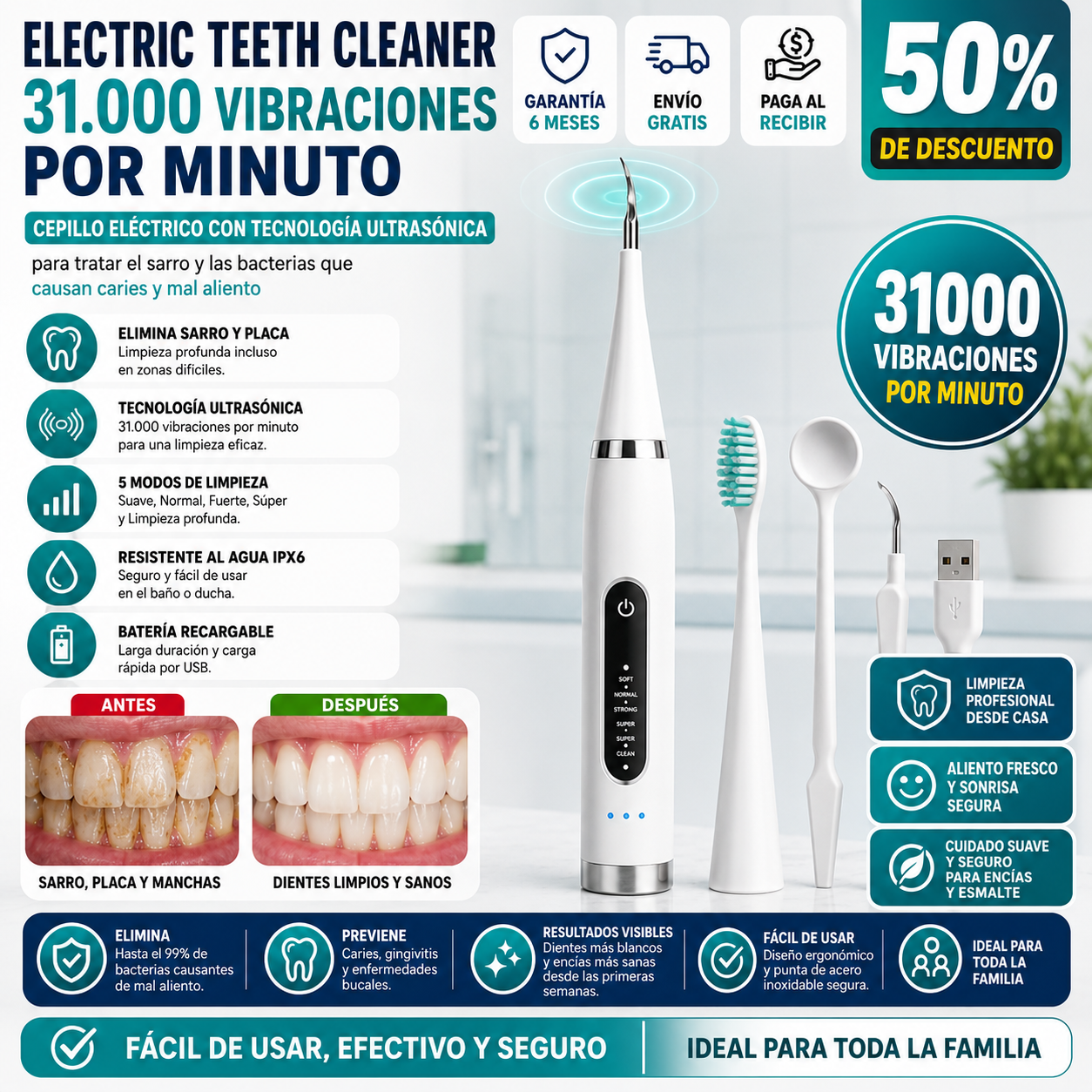 Electric Teeth Cleaner 31.000 vibraciones por minuto, cepillo eléctrico con tecnología ultrasónica para tratar el sarro y las bacterias que causan caries y mal aliento