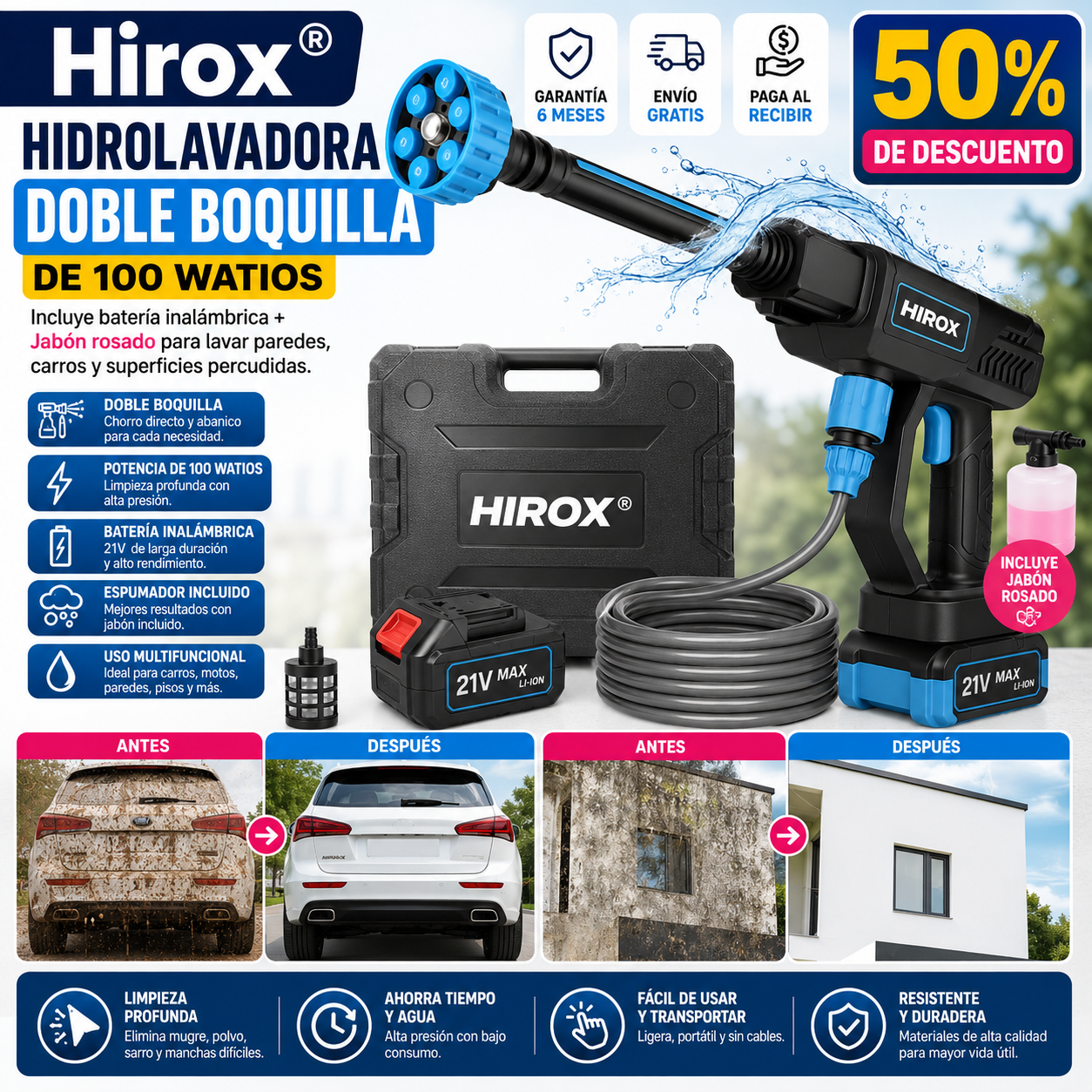 Hirox® Hidrolavadora doble boquilla de 100 Watios, incluye batería inalámbrica + Jabón rosado para lavar paredes, carros y superficies percudidas