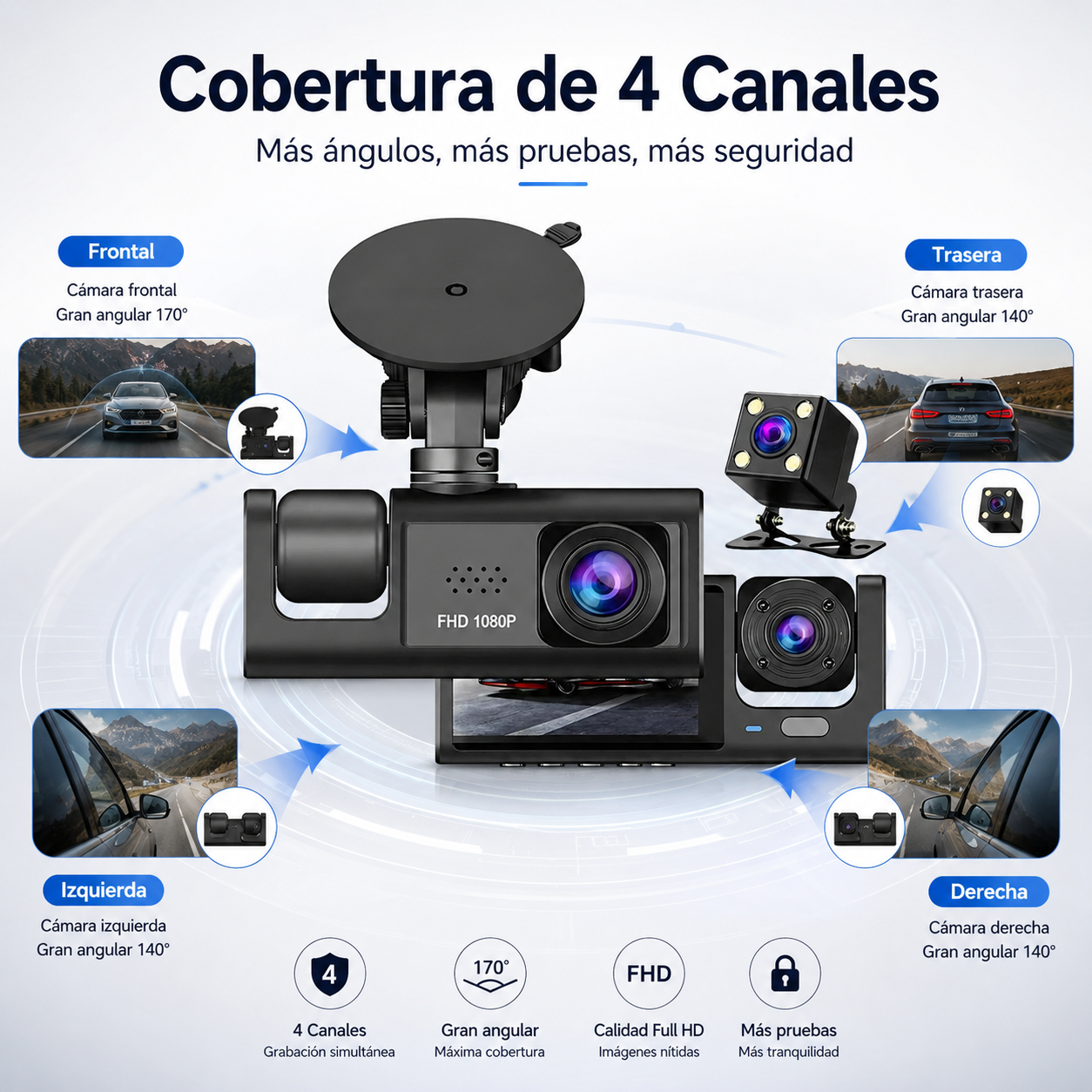 Dash Cam® Cámara de parabrisas para auto de 4 canales, DVR para coche 1080P con tarjeta de memoria de 64 GB, videovigilancia para coche con visión nocturna