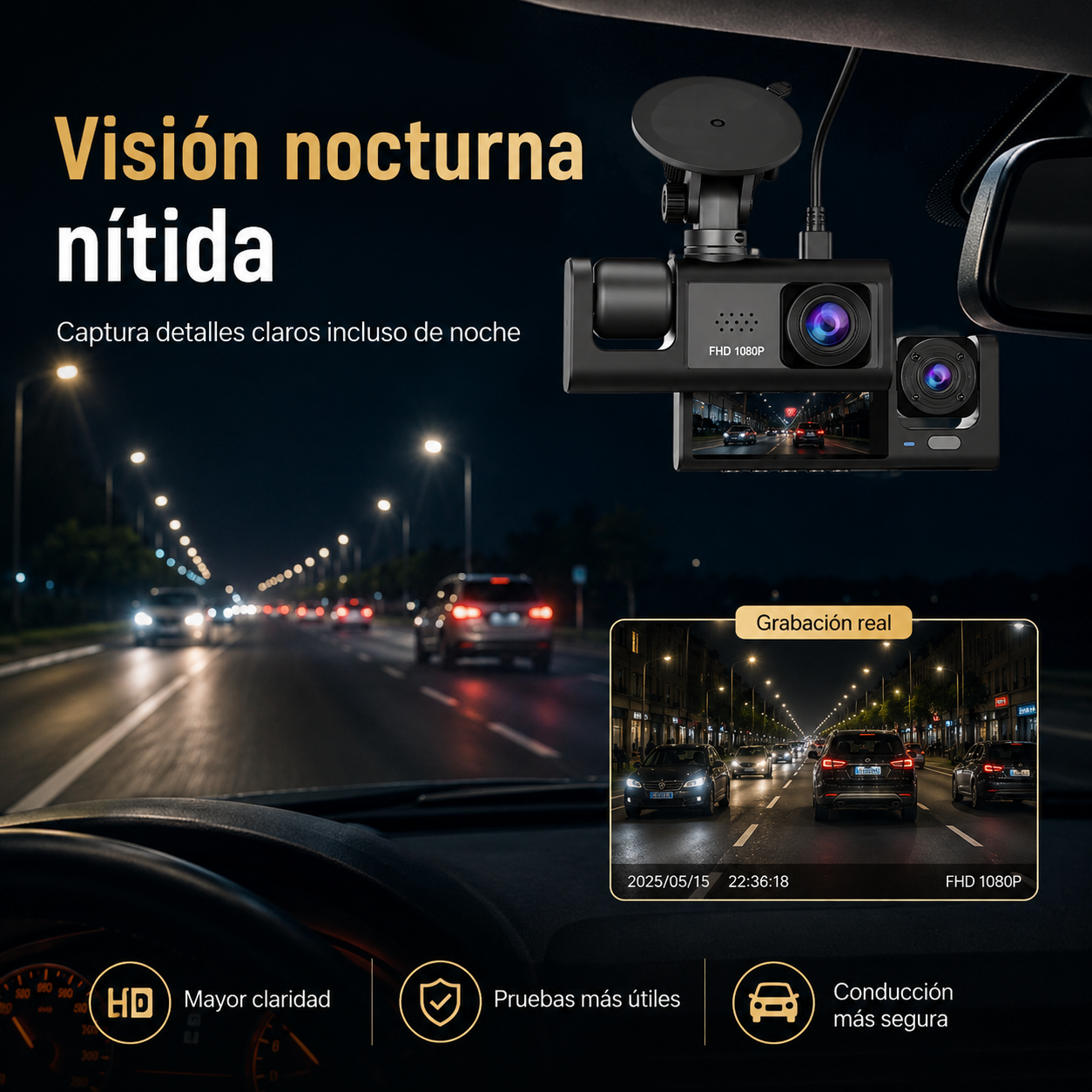Dash Cam® Cámara de parabrisas para auto de 4 canales, DVR para coche 1080P con tarjeta de memoria de 64 GB, videovigilancia para coche con visión nocturna