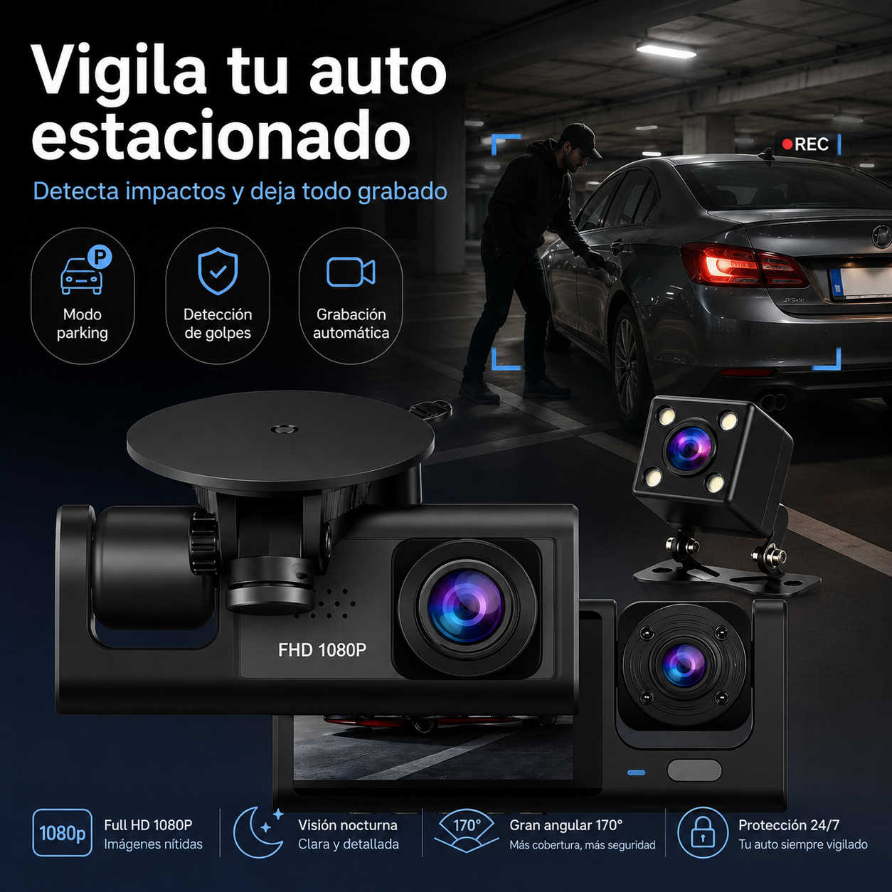 Dash Cam® Cámara de parabrisas para auto de 4 canales, DVR para coche 1080P con tarjeta de memoria de 64 GB, videovigilancia para coche con visión nocturna