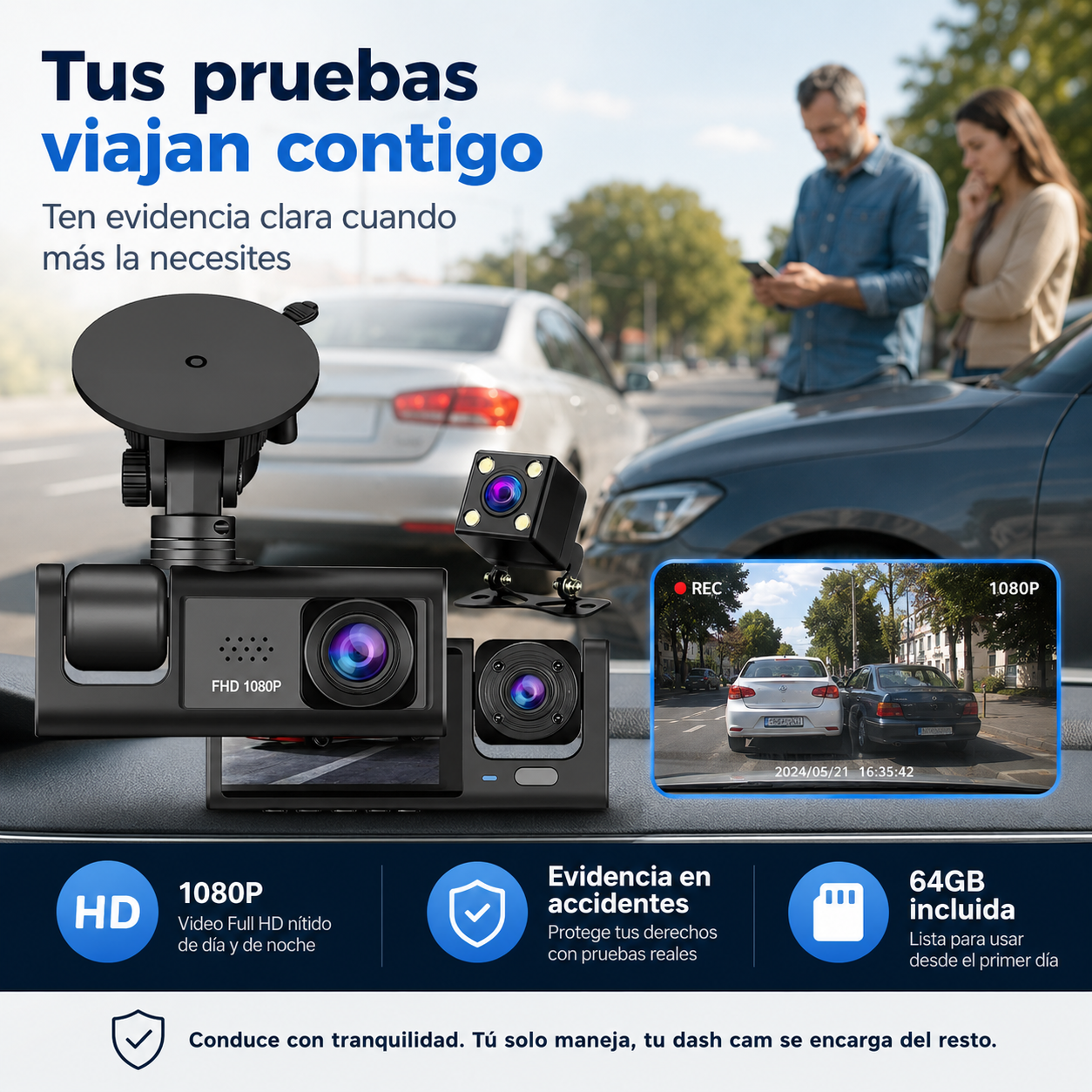 Dash Cam® Cámara de parabrisas para auto de 4 canales, DVR para coche 1080P con tarjeta de memoria de 64 GB, videovigilancia para coche con visión nocturna