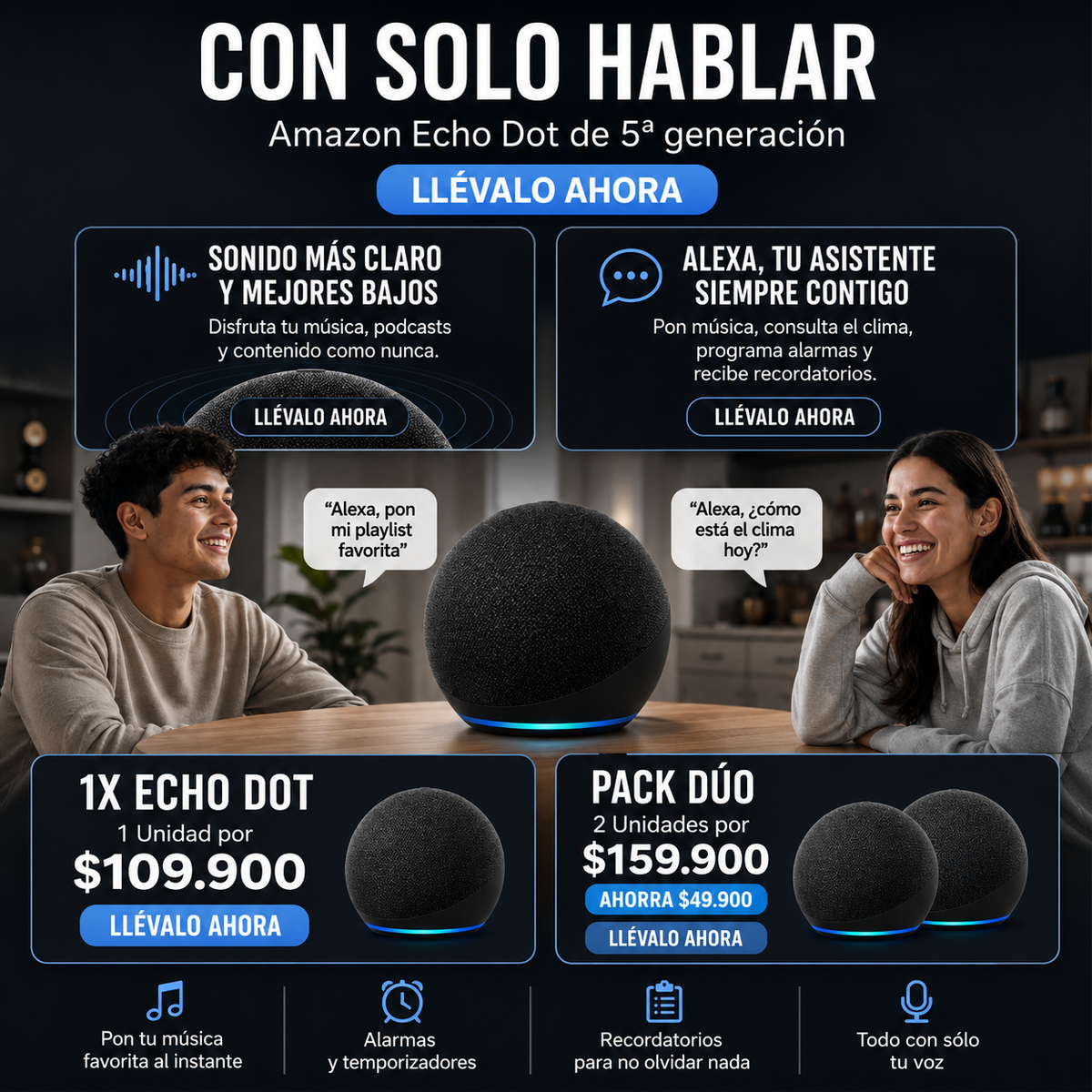 Alexa Amazon Echo Dot, Bluetooth 6.0, control de musica con función de dictado, control de electrodomésticos y hogar + IA integrado para respuestas precisas a tus requerimientos