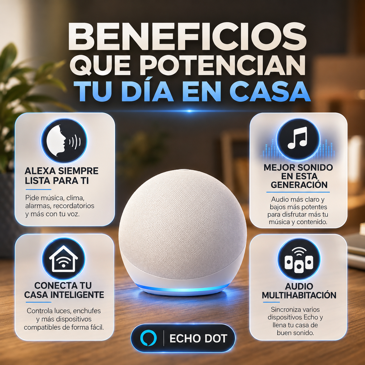 Alexa Amazon Echo Dot, Bluetooth 6.0, control de musica con función de dictado, control de electrodomésticos y hogar + IA integrado para respuestas precisas a tus requerimientos