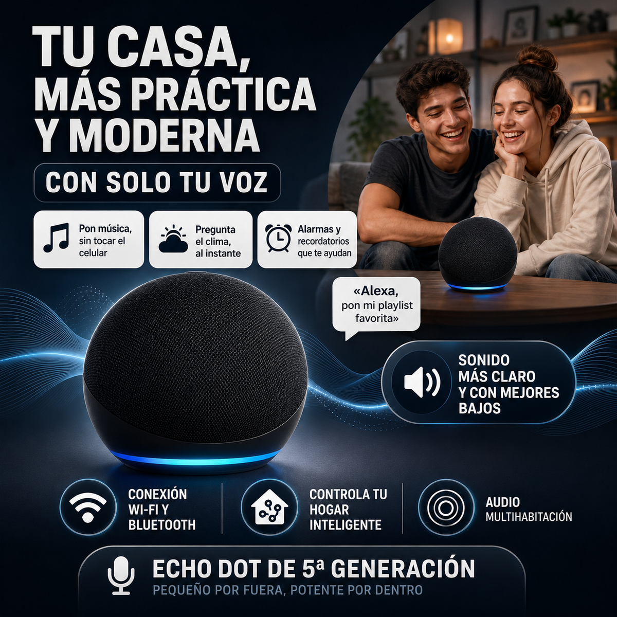 Alexa Amazon Echo Dot, Bluetooth 6.0, control de musica con función de dictado, control de electrodomésticos y hogar + IA integrado para respuestas precisas a tus requerimientos