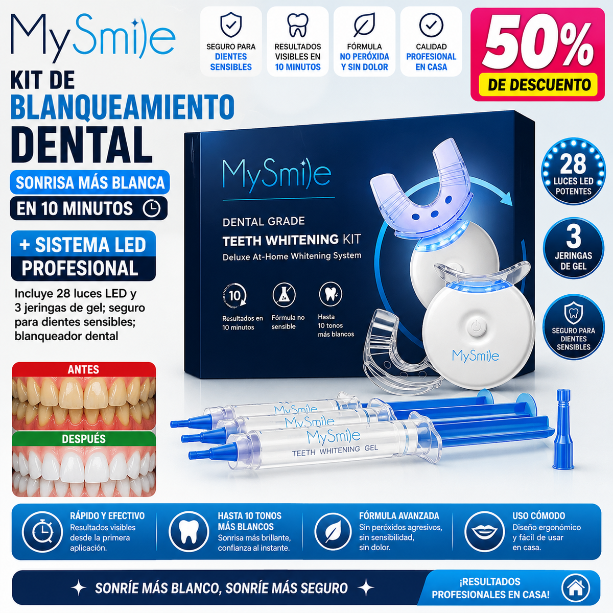 MySmile Kit de Blanqueamiento Dental Sonrisa más blanca en 10 minutos + Sistema LED profesional Incluye 28 luces LED y 3 jeringas de gel; seguro para dientes sensibles; blanqueador dental