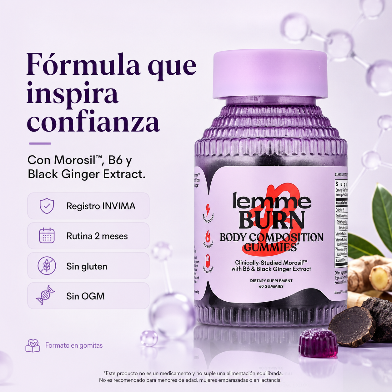 Lemme Burn | Regula tu metabolismo y quema de grasa, cápsulas de alivio de hinchazón y gases, gomitas para la salud del enfoque y el cerebro | Sin gluten, sin OGM | Tratamiento efectivo 2 meses