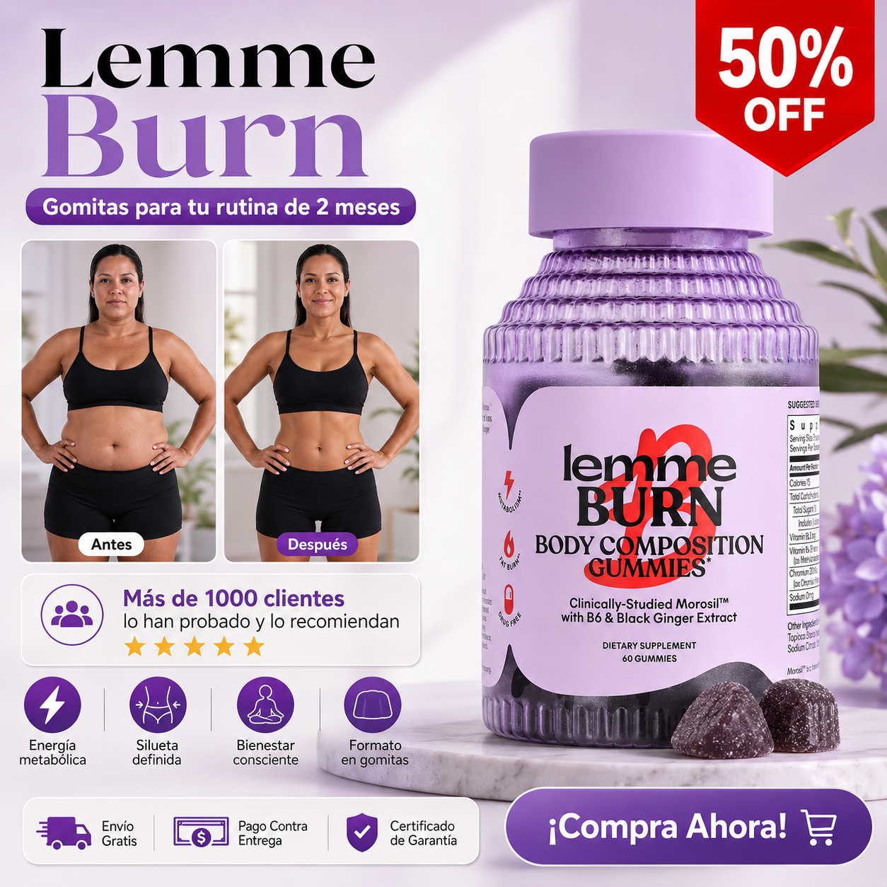 Lemme Burn | Regula tu metabolismo y quema de grasa, cápsulas de alivio de hinchazón y gases, gomitas para la salud del enfoque y el cerebro | Sin gluten, sin OGM | Tratamiento efectivo 2 meses