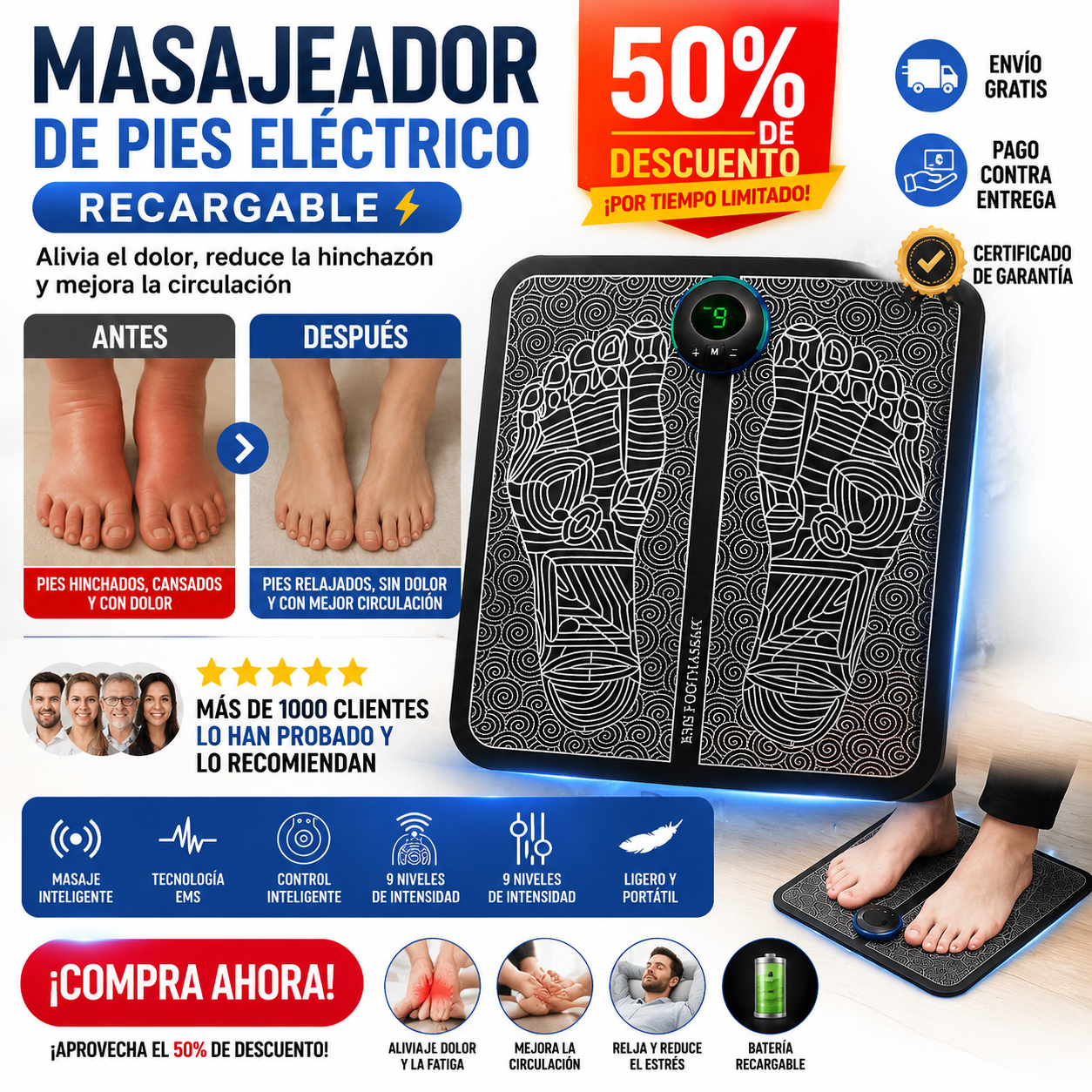 Masajeador de pies eléctrico recargable - Incluye obsequio
