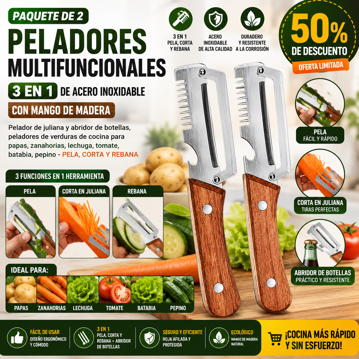 Paquete de 2 peladores multifuncionales de verduras, 3 en 1 de acero inoxidable con mango de madera, pelador de juliana y abridor de botellas, peladores de verduras de cocina para papas, zanahorias, lechuga, tomate, batabia, pepino - PELA, CORTA Y REBANA