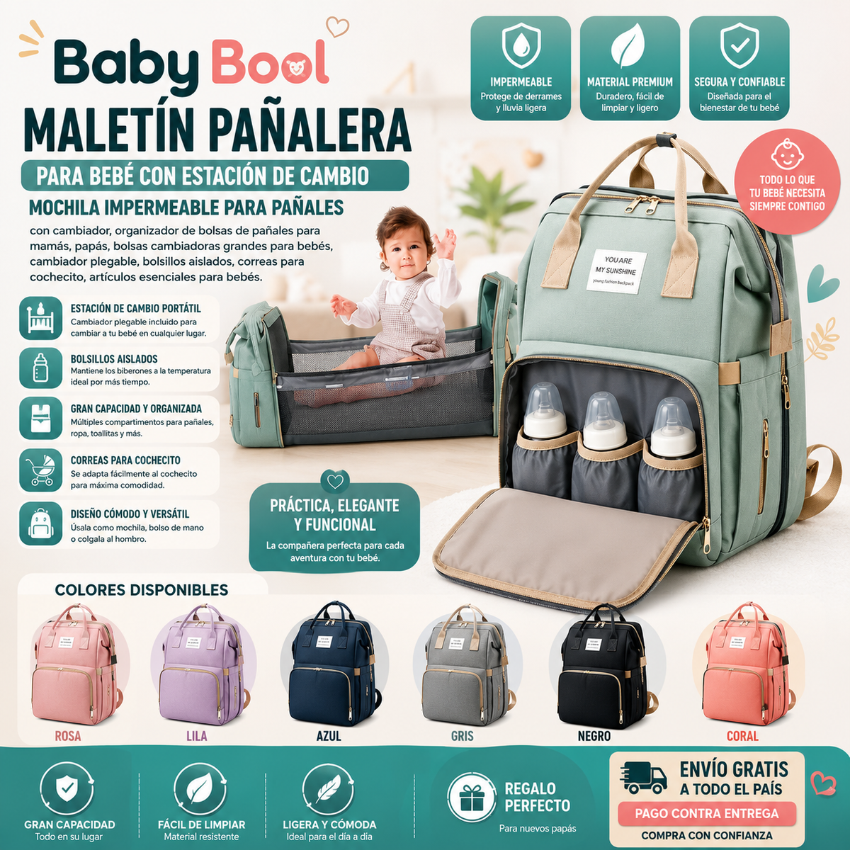 Baby Bool, maletín para bebes con con cambiador, organizador de bolsas de pañales para mamás, papás, bolsas cambiadoras grandes para bebés, cambiador plegable, bolsillos aislados, correas para cochecito, artículos esenciales para bebés