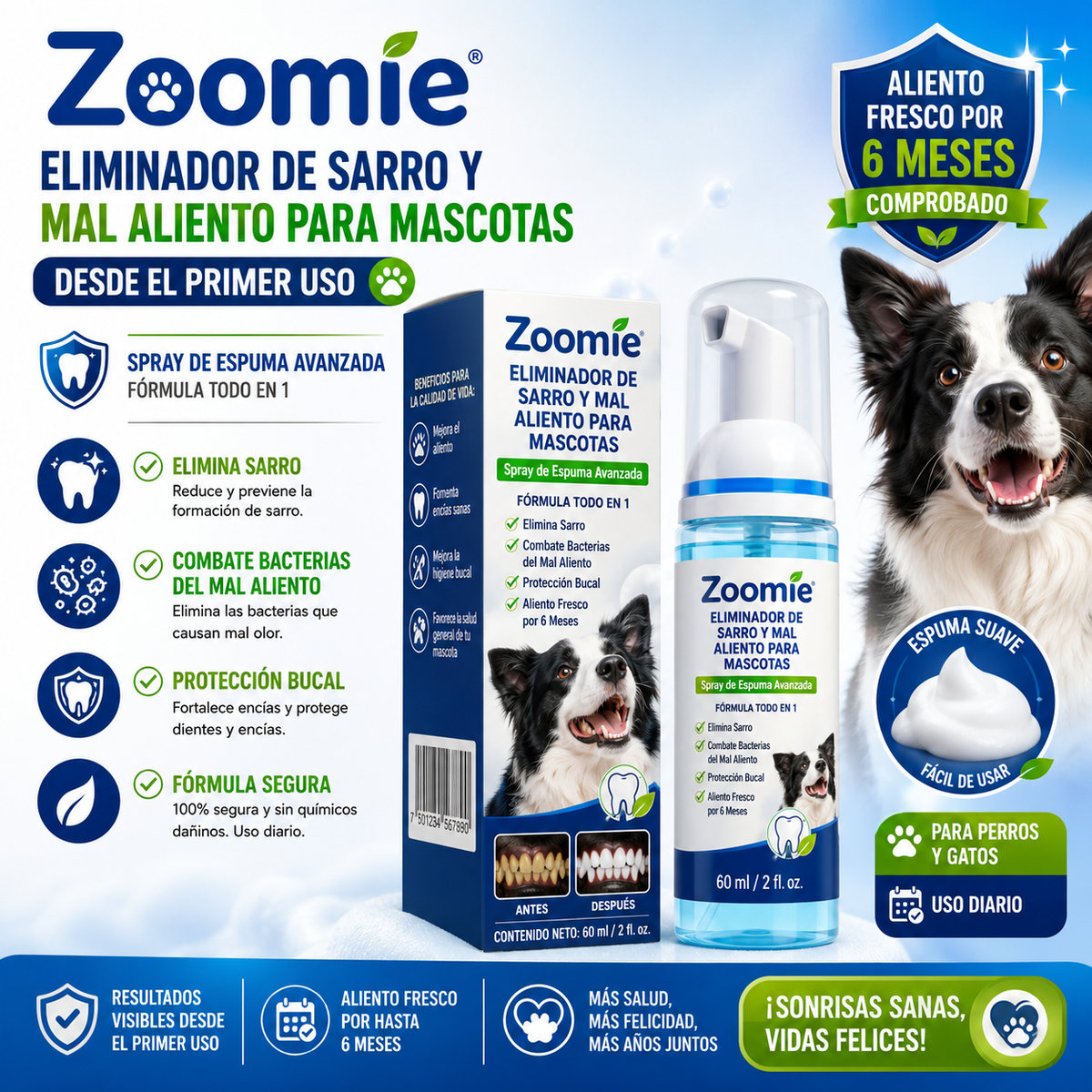 Zoomie Eliminador de sarro y mal aliento para mascotas desde el primer, spray de espuma avanzada, formula todo en 1, elimina sarro, combate bacteria del mal aliento y proteccion bucal para aliento fresco por 6 meses
