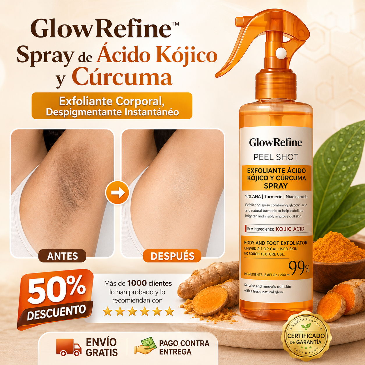 GlowRefine™️ Tratamiento Ácido Kójico y Cúrcuma | Exfoliante Corporal, Despigmentante instantáneo
