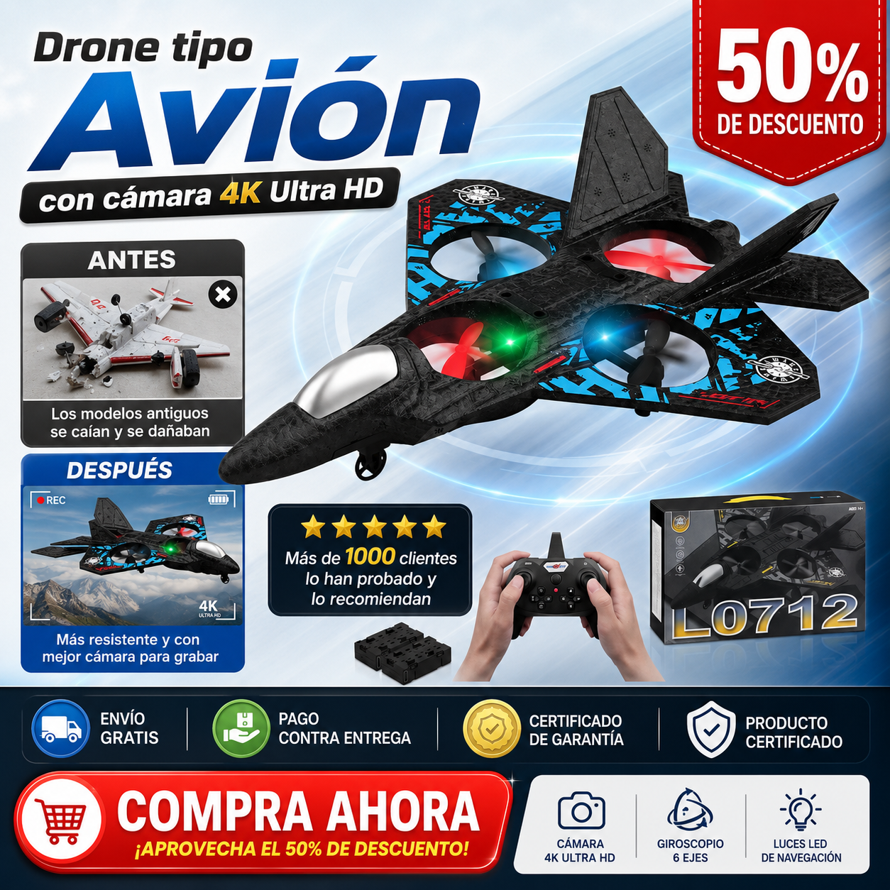 Drone Tipo Avión con Cámara 4K ultra HD, batería de 4000 Mph de larga duración